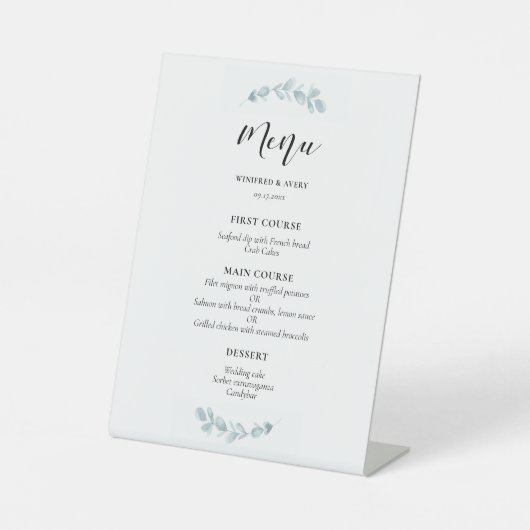 Minimalistisches Hochzeitsmenü mit Aquarellgrün Sockelschild (Vorderseite)