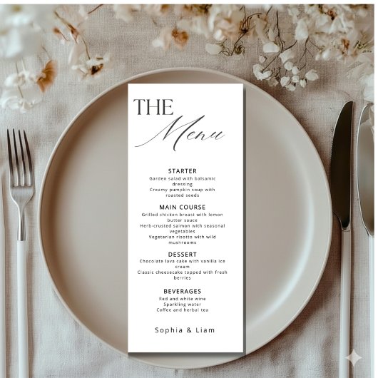 Minimalistisches Hochzeitsmenü mit moderner Kallig Menükarte