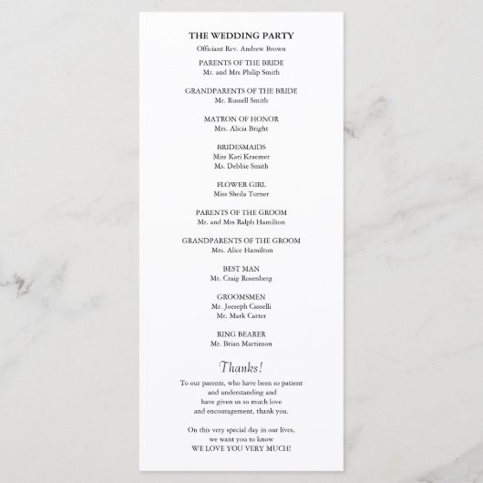Minimalistisches Hochzeitsprogramm Ablaufplan Programm (Rückseite)