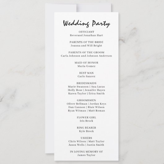 Minimalistisches Hochzeitsprogramm bearbeitet Einladung (Rückseite)