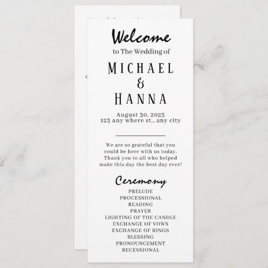 Minimalistisches Hochzeitsprogramm bearbeitet Einladung (Vorne/Hinten)