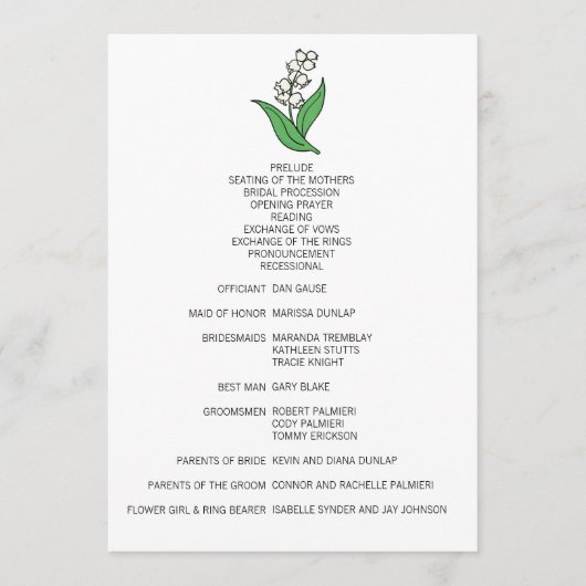 Minimalistisches Hochzeitsprogramm für die Lily of Programm (Vorderseite)