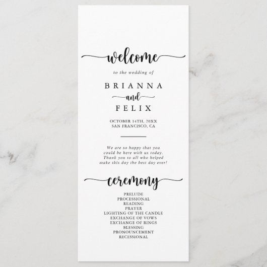 Minimalistisches Hochzeitsprogramm für Kalligrafie Programm (Vorderseite)
