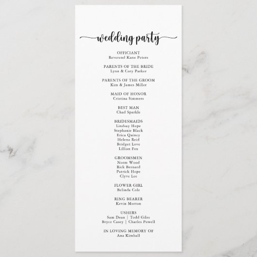 Minimalistisches Hochzeitsprogramm für Kalligrafie Programm (Rückseite)