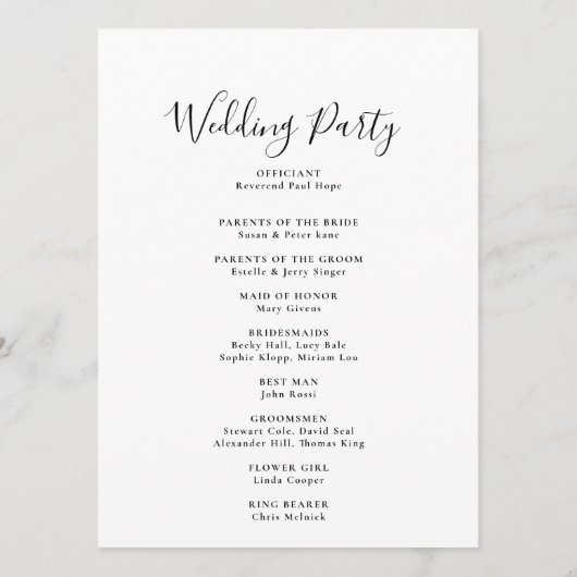 Minimalistisches Hochzeitsprogramm für Kalligrafie Programm (Rückseite)