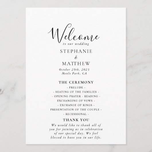 Minimalistisches Hochzeitsprogramm für Kalligrafie Programm (Vorderseite)