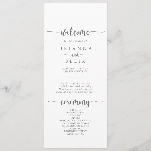 Minimalistisches Hochzeitsprogramm für Kalligrafie Programm (Vorderseite)