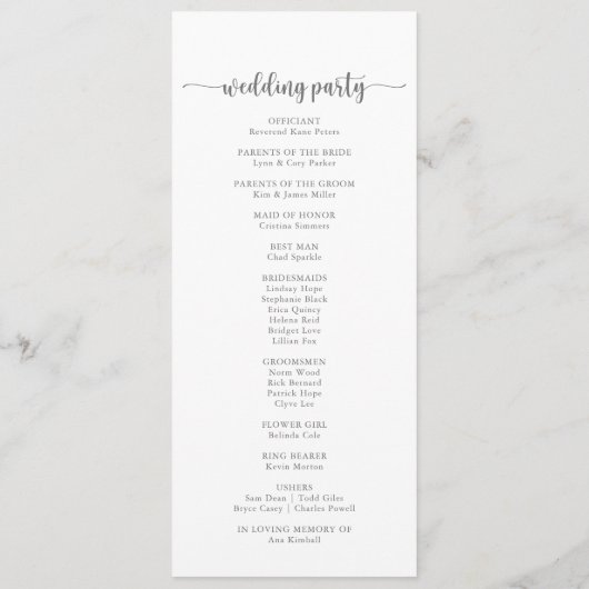 Minimalistisches Hochzeitsprogramm für Kalligrafie Programm (Rückseite)