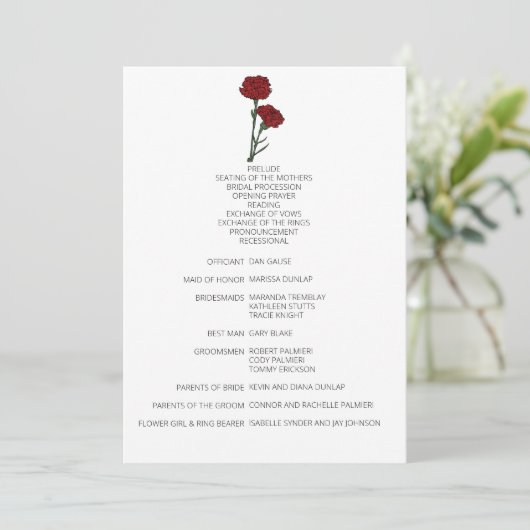 Minimalistisches Hochzeitsprogramm für Rote Nelken Programm (Stehend Vorderseite)