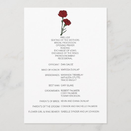 Minimalistisches Hochzeitsprogramm für Rote Nelken Programm (Vorderseite)