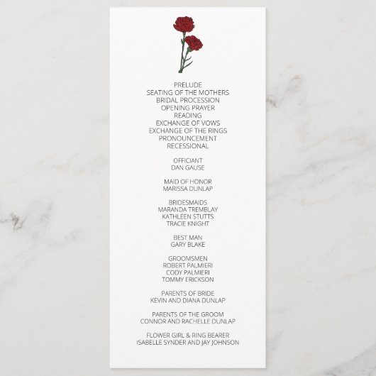 Minimalistisches Hochzeitsprogramm für Rote Nelken Programm (Vorderseite)
