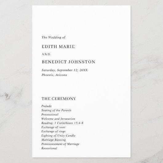 Minimalistisches Hochzeitsprogramm für Schwarz und (Vorne)