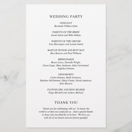 Minimalistisches Hochzeitsprogramm für Schwarz und (Rückseite)