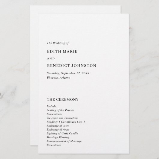 Minimalistisches Hochzeitsprogramm für Schwarz und (Vorne/Hinten)