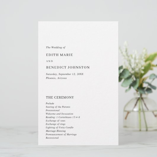 Minimalistisches Hochzeitsprogramm für Schwarz und (Stehend Vorderseite)