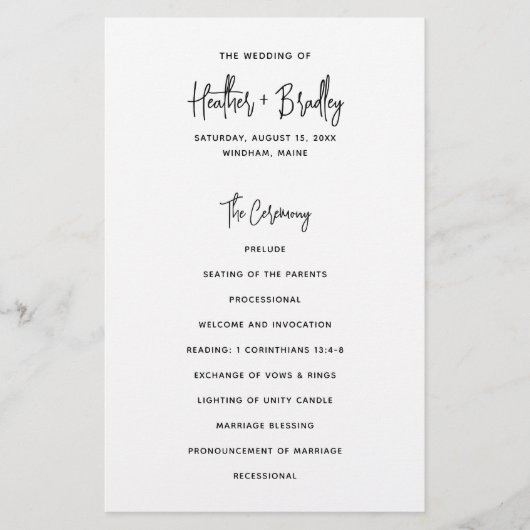 Minimalistisches Hochzeitsprogramm für Schwarz und (Vorne)