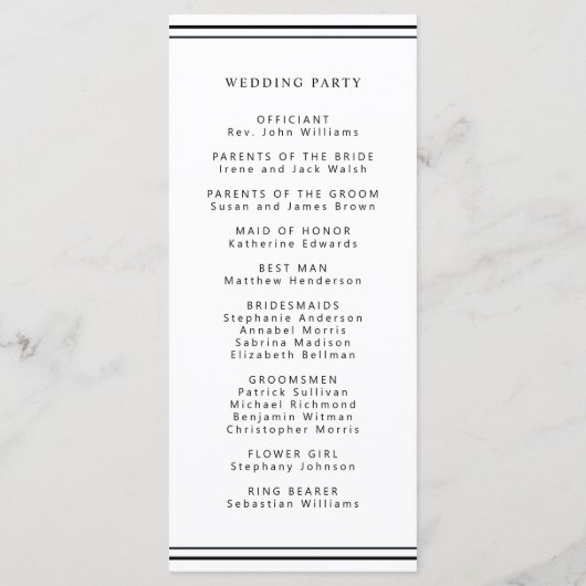 Minimalistisches Hochzeitsprogramm für Schwarz und Programm (Rückseite)