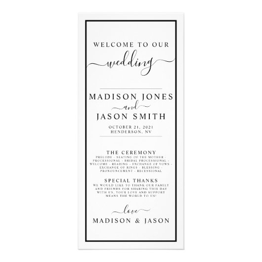 Minimalistisches Hochzeitsprogramm für Schwarz und Werbekarte (Vorne)