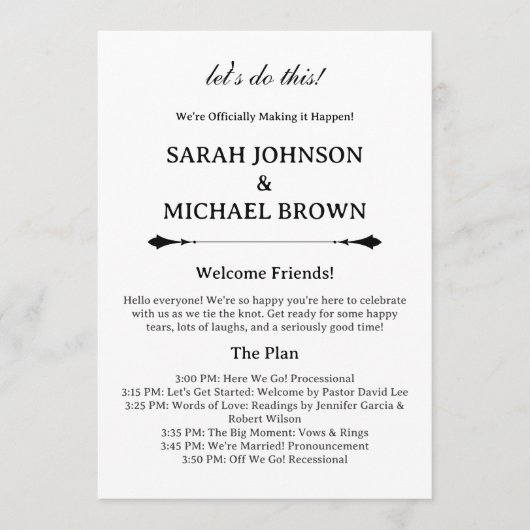 Minimalistisches Hochzeitsprogramm für Spaß Programm (Vorderseite)