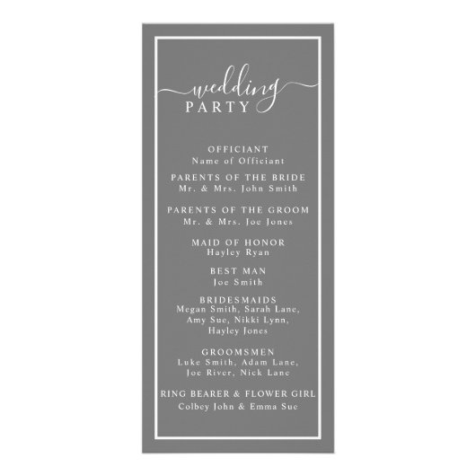 Minimalistisches Hochzeitsprogramm in Grau und Wei Werbekarte (Hinten)