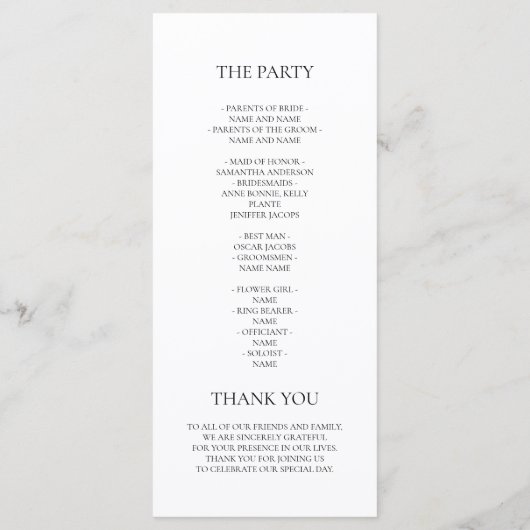 Minimalistisches Hochzeitsprogramm Menükarte (Rückseite)