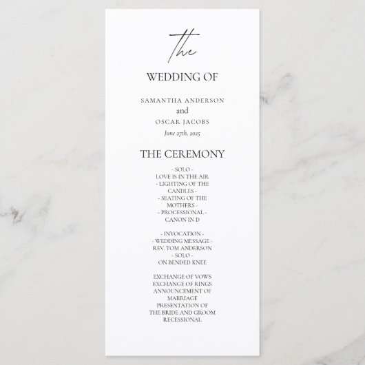 Minimalistisches Hochzeitsprogramm Menükarte (Vorderseite)