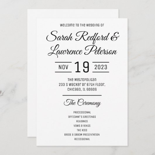 Minimalistisches Hochzeitsprogramm Menükarte (Vorne/Hinten)