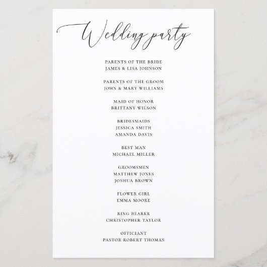 Minimalistisches Hochzeitsprogramm mit klassischer (Rückseite)