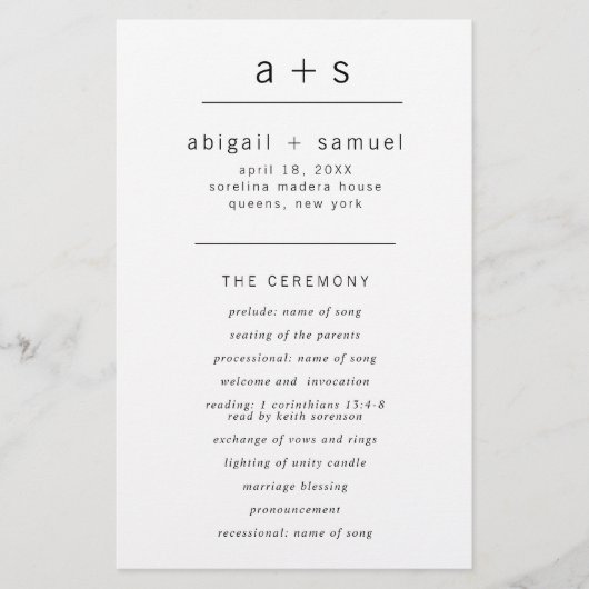 Minimalistisches Hochzeitsprogramm mit Monogramm f (Vorne)