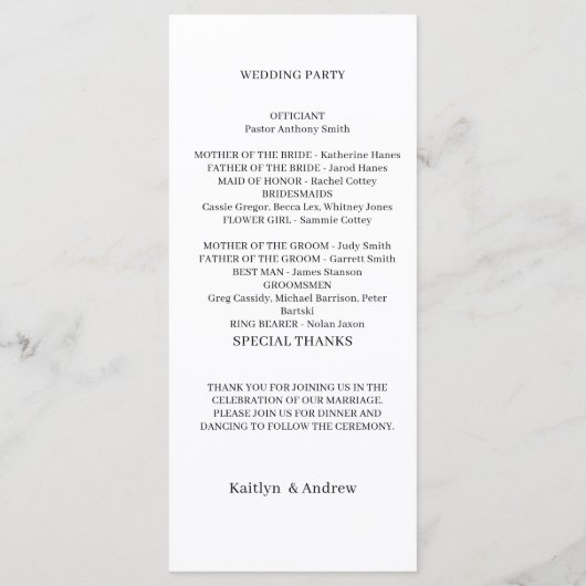 Minimalistisches Hochzeitsprogramm - Moderne Elega Programm (Rückseite)