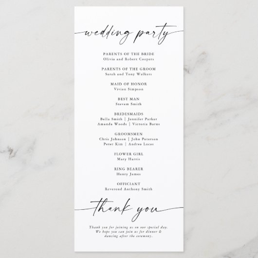 Minimalistisches Hochzeitsprogramm Programm (Rückseite)