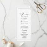 Minimalistisches Hochzeitsprogramm Programm<br><div class="desc">Dieses minimalistische Hochzeitsprogramm ist perfekt für eine einfache Hochzeit. Das moderne romantische Design besticht durch klassische schwarz-weiße Typografie gepaart mit einer rustikalen und eleganten Kalligraphie mit Vintagem handgeschriebenem Stil. Anpassbar in jeder Farbe. Behalt das Design einfach und elegant, wie es ist, oder personalisiere es durch Hinzufügen von eigenen Grafiken und...</div>