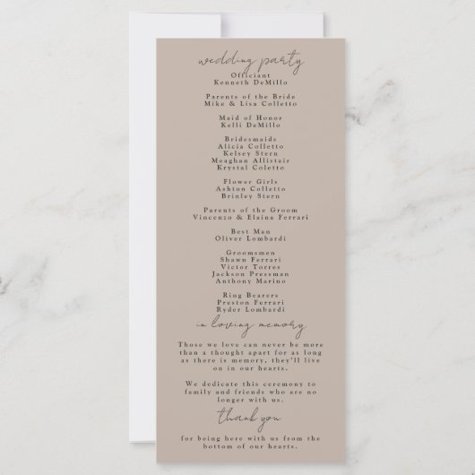 Minimalistisches Hochzeitsprogramm von Beige (Rückseite)