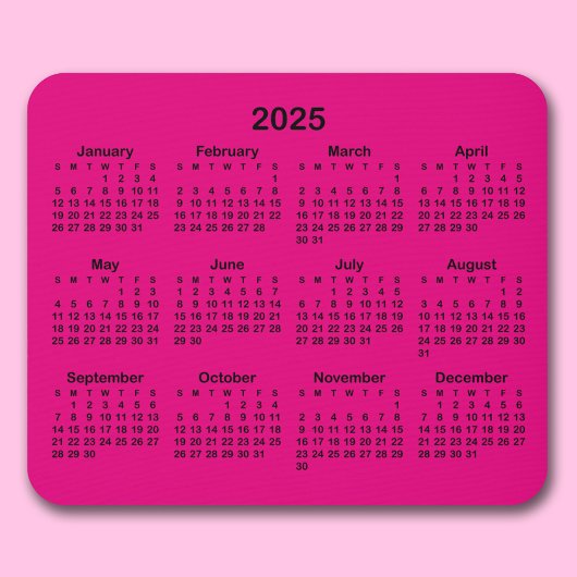 Minimalistisches Hot Pink und Schwarz 2025-Kalende Mousepad