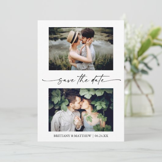 Minimalistisches InkScript Couple 2 Foto QR-Code Save The Date (Stehend Vorderseite)