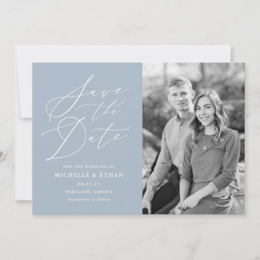 Minimalistisches Kalligrafie-Script Light Blue-Fot Save The Date (Vorderseite)
