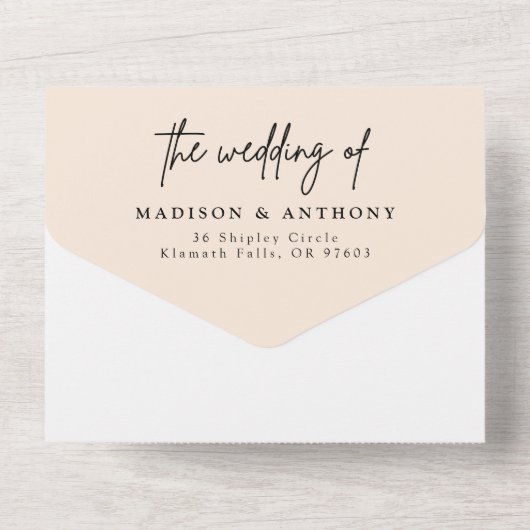 Minimalistisches kalligrafisches Foto auf einer Ho All In One Einladung (Rückseite)