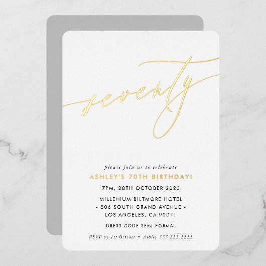 MINIMALISTISCHES kalligrafisches Gold, 70. Geburts Folieneinladung (Vorderseite/Rückseite)