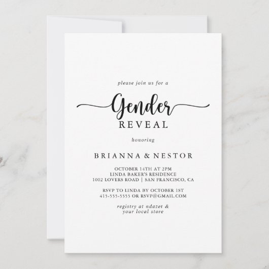 Minimalistisches Kalligraphie Gender Reveal Party Einladung (Vorderseite)