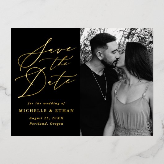 Minimalistisches kalligraphisches Foto Save the Da Folie Einladungspostkarte (Vorderseite)