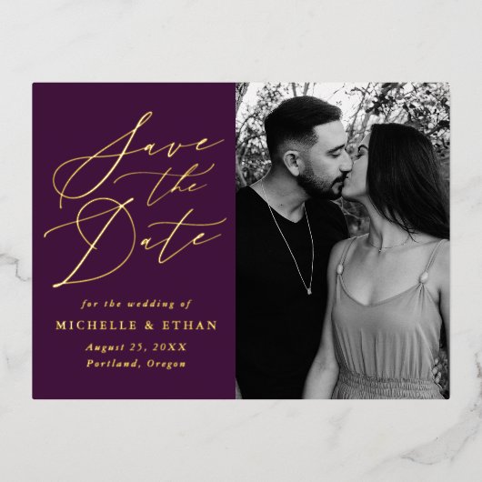 Minimalistisches kalligraphisches Foto Save the Da Folie Einladungspostkarte (Vorderseite)