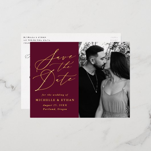 Minimalistisches kalligraphisches Foto Save the Da Folie Einladungspostkarte (Vorderseite/Rückseite)