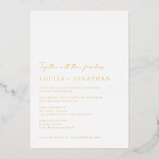 Minimalistisches klassisches Skript Hochzeit White Folieneinladung (Vorderseite)