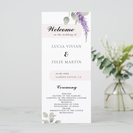 Minimalistisches Lavender Eucalyptus-Hochzeitsprog Menükarte (Stehend Vorderseite)