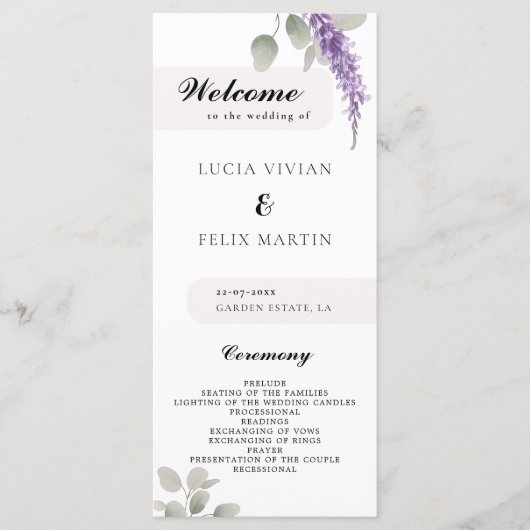 Minimalistisches Lavender Eucalyptus-Hochzeitsprog Menükarte (Vorderseite)