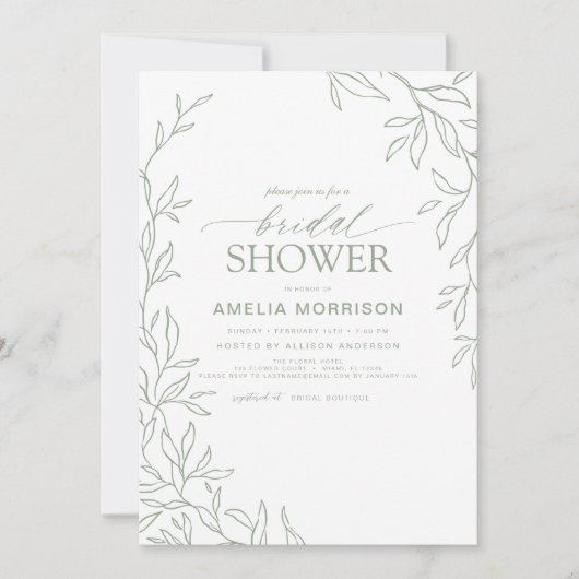 Minimalistisches Leaf Modern Sage Green Brautparty Einladung (Vorderseite)