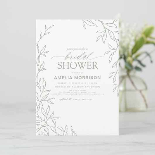 Minimalistisches Leaf Modern Sage Green Brautparty Einladung (Stehend Vorderseite)