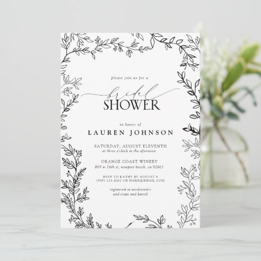 Minimalistisches Leaf Modernes Schwarz-Weiß-Brautp Einladung (Stehend Vorderseite)