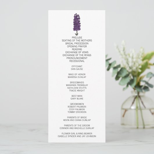 Minimalistisches Lila Larkspur-Hochzeitsprogramm Programm (Stehend Vorderseite)