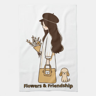 Minimalistisches Mädchen mit Pudel und Wildblumen Geschirrtuch